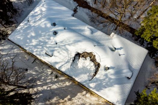 Aerial view of roof collapse from snow 
