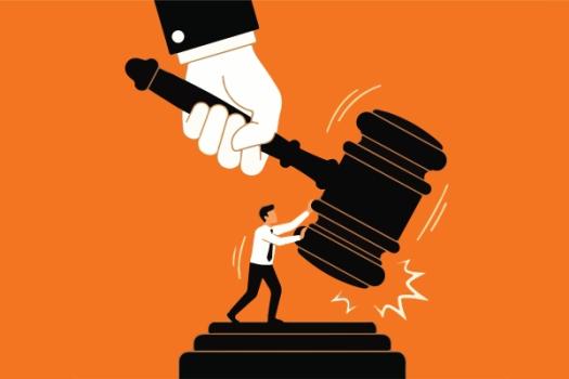 Small lawyer challenging giant gavel (illustration)