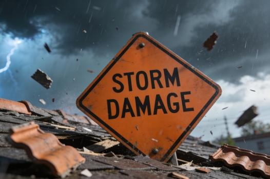Storm damage sign on roof
