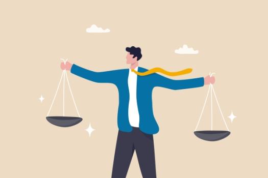 Illustration of man holding two weights scale