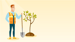Illustration of worker with shovel next to planted tree