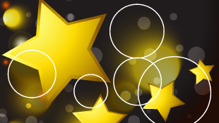 Gold stars and white circles over a black background