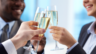 Business partners clinking champagne glasses