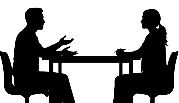 Black White Illustration Man Woman at Table Meeting