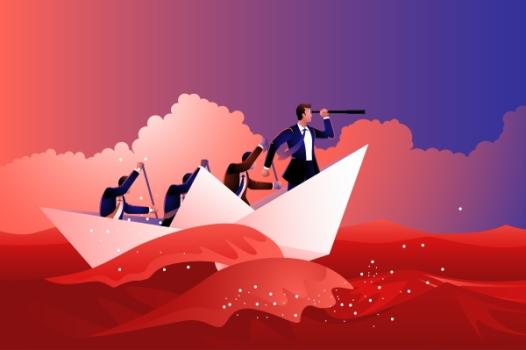 Illustration of business people navigating boat through red sea