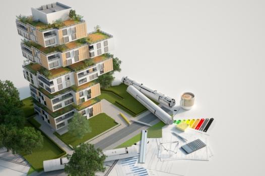 Model sustainable house next to design materials