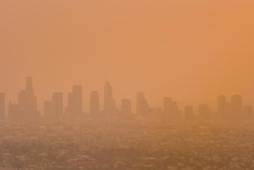 Smoke over downtown LA skyline