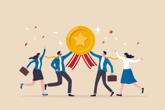 Illustration of happy coworkers holding medal