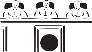 Illustration of three judges sitting behind bench